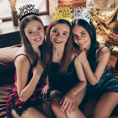 3pcs Happy New Year Headband Gold Silver Black Aluminum Woman Tiara Christmas New Year Headband Hair Accessories