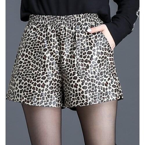 High Waist PU Leather Shorts Korean Fashion Leopard Spring Autumn Women Shorts Cool Work Party Wear Female Shorts Plus Size