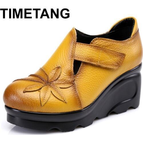 TIMETANG New Arrival 2021 Women Autumn Genuine Leather High Heels Shoes Handmade Vintage Flower Embroidered Wedges Shoes