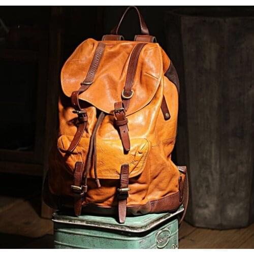 Top Quality Vintage Folds Vegetable Tanned Cowhide Mens Backpack Unisex Big Capacity Casual Leather School Bag Male Travel Bag