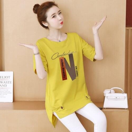 M-5XL Women Cotton T-shirt Summer 2021 Fashion Short-sleeve Printing Loose Tops Tees Girls Mid-long Pullovers Female