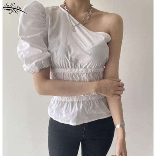 Summer sexy oblique collar cotton top puff sleeve chic off-shoulder shirt ladies high street lace up slim solid color Blusa15618