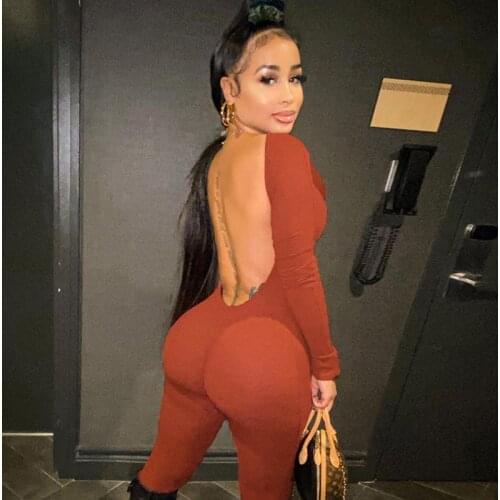 Echoine Backless Ribbed Jumpsuit Woman Solid Color Long Sleeve Bodycon Jumpsuit 2021Spring Women Streetwear Casual Rompers