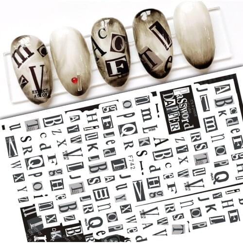 1 Sheet Retro Letter Nail Sticker Simple Black Grass/Flower/Butterfly/Insect Adhensive Slider Manicure Decal Decorations TG#52
