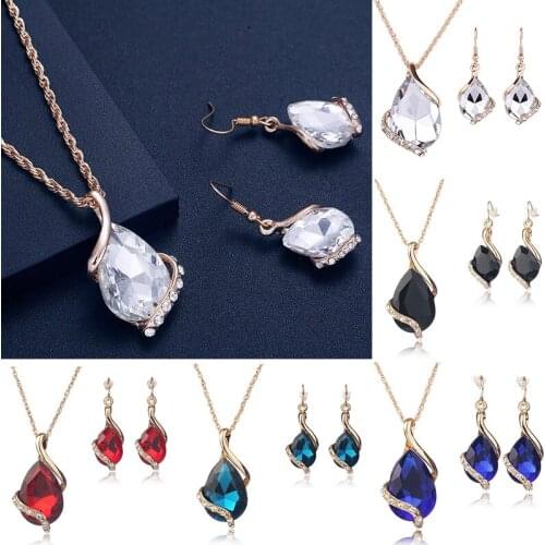 3Pcs New Fashion Jewelry Sets For Women Charms Pendant Necklace Hoop Earring Romantic Crystal Waterdrop Wedding Gift Accessories