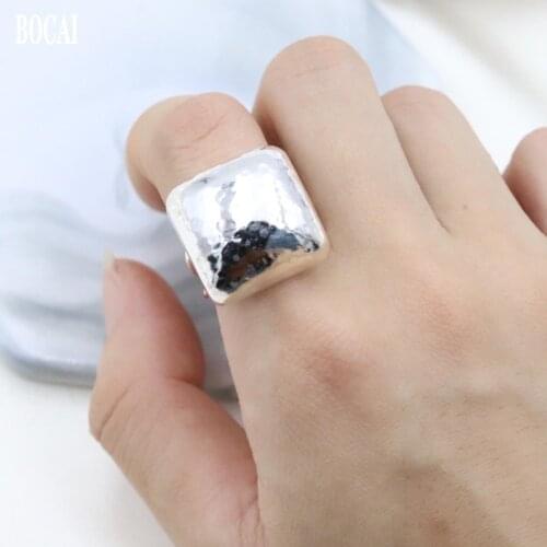 BOCAI New s925 sterling silver percussion square ring fashion personality open design ethnic style woman ring
