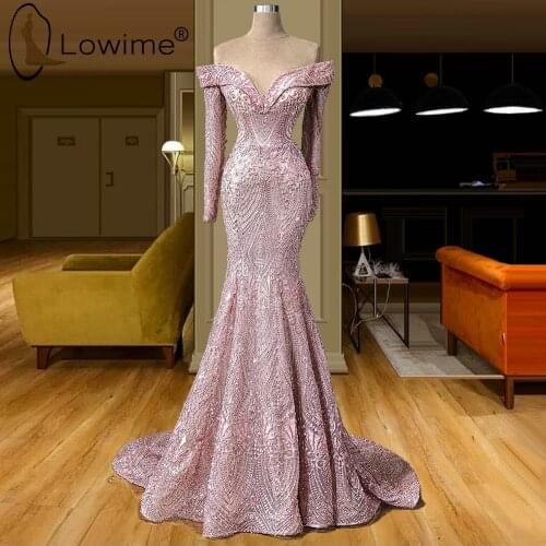 Elegant Glitter Pink Mermaid Evening Dresses Sweetheart Neck Long sleeve Evening Gowns Formal Party Dress