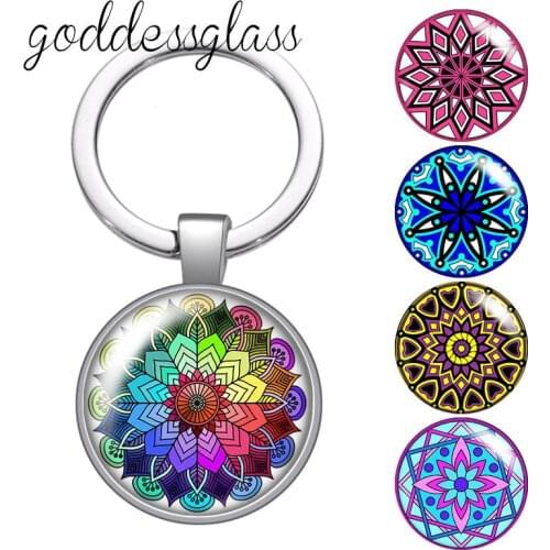 Colorful Patterns flowers styles beauty Round glass cabochon keychain Bag Car key chain Ring Holder Charms keychains for gift