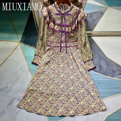 MIUXIMAO 2021 Spring Summer Dress New Cute Flower Print Elegant Long Sleeve Knee-Length Diamonds Slim Dress Women Vestidos Bow