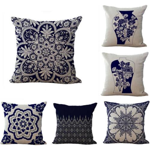Retro Chinese Blue Porcelain Throw Home Soft Cotton linen Pillowcase Cushion Case