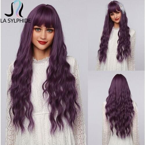 La Sylphide Halloween Cosplay Lolita Wig Long Nature Wave Purple Synthetic Hair Wigs with Bangs for Woman Heat Resistant Fiber