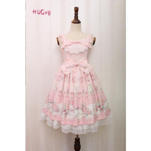Hugne Sweet Sleeveless Lolita Dress Kitten and Jewel Printed Midi Dress for Women