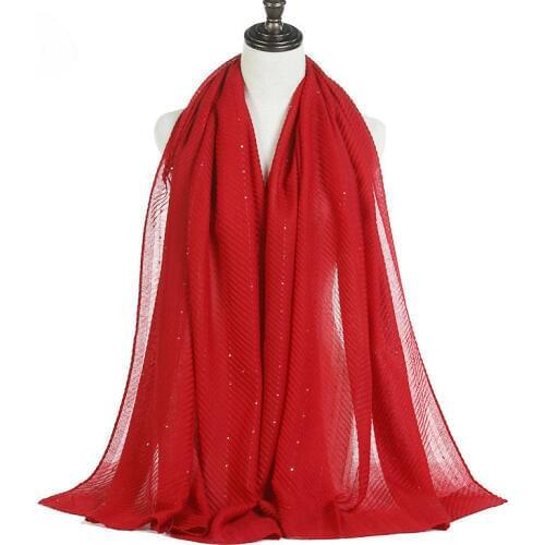 Sequins Pleated Scarves Hijabs Plain Color Over Size Muslim Headscarf Turban Womens Wrinkle Shawl Wedding Head Wrap Headscarf