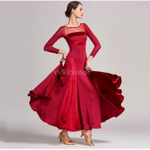 On Sale Long Standard Ballroom Dance Dresses Red Wine Black Green High Quality Quickstep Ballroom Dance Competition Dresses