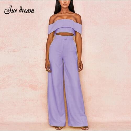 Chic 2-Piece Two-Piece Womens Strapless Backless Short Crop Top & High Waist Wide Leg Solid Color Casual Bodycon Club Set 2020