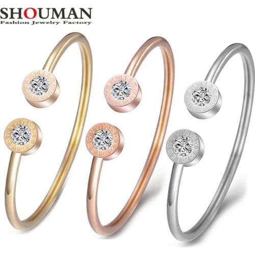SHOUMAN Open Stainless Steel Bracelet Bangles Rose Gold Color Cuff Bracelets for Women Jewelry Gift for Girls
