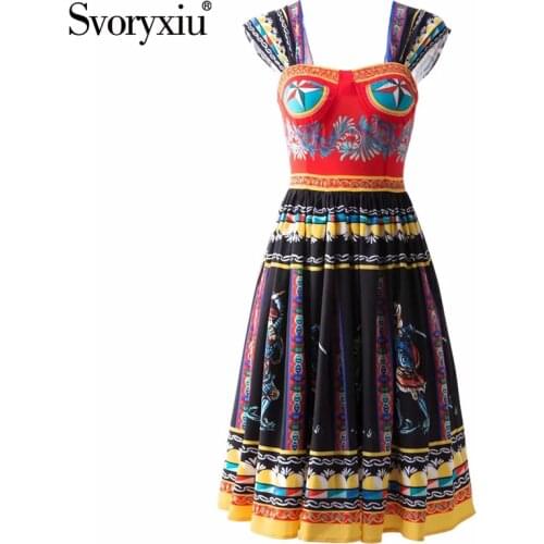 Svoryxiu Runway Designer Summer Vintage Party Midi Dress Womens Totem Print Spaghetti Strap Sexy Dresses Vestdios