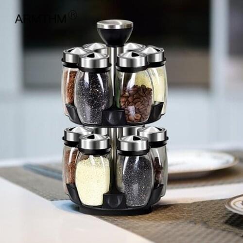 Rotating Double Deck Seasoning Rack Spices Rotating Glass Cruet Seasoning Jar Set Bbq Pepper Salt Shakers Paprika Bottle Set