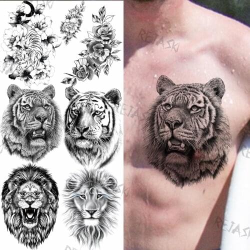 Large Black Tiger Temporary Tattoos For Men Adults Realistic Dahlia Peony Lion Fake Tattoo Sticker Army Chest Tatoos Waist DIY