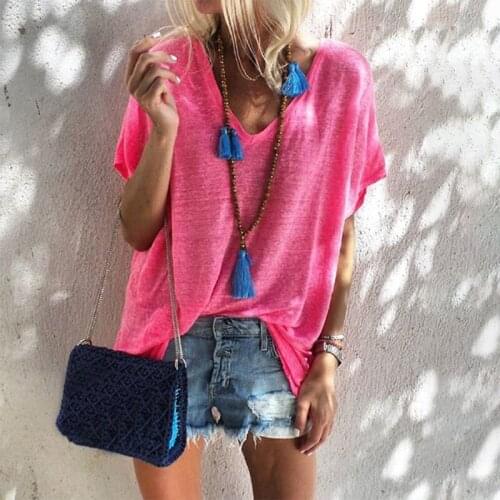 2021 New Summer Womens Tops V-Neck Knitted T-Shirts Solid Color Short Sleeve Tee Casual Loose Streetwear Summer Ladies T-shirts
