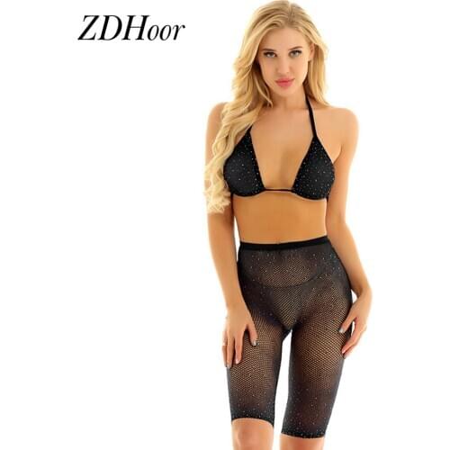 US STOCK Womens Rhinestone Fishnet Mesh Sheer See Through Lingerie Set Halter Neck Swimwear Beachwear Bikini Bathing Suits Set