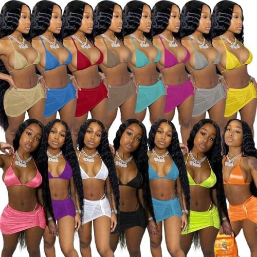 2021 Summer Solid 3 Piece Bikini Set Women Halter Neck Crop Top +Shorts+Pleated Mini Skirt Sexy Bathing Suit S-XXL