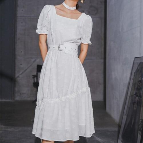 2021 Summer Womens New French Temperament Puff Sleeve Jacquard Square Neck Thin Super Fairy Midi Dress