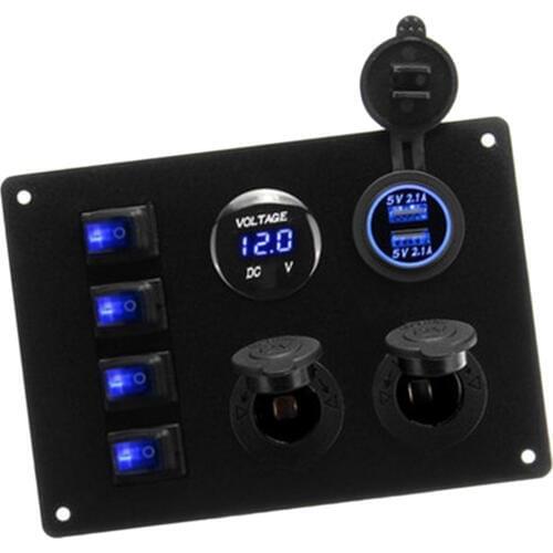 4 Gang Marine Rocker Switch On/off Panel with Dual USB Slot + Voltmeter + 12V Cigarette Lighter Socket for RV Car Truck