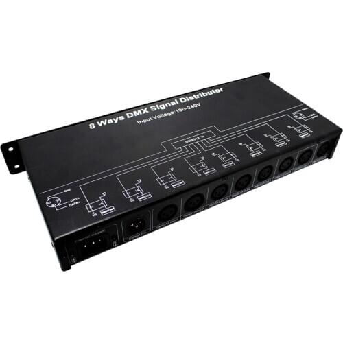 8Ways DMX512 LED DMX Signal Distributor Dimmer; AC100~240V input; 1channel DMX512 signal input; 8channel DMX512 signal output