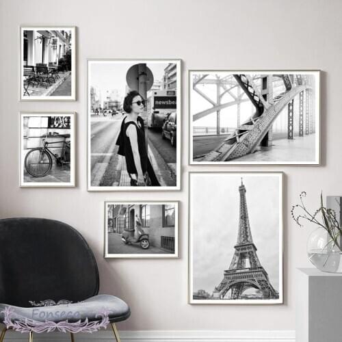 Black and White Bridge Paris Tower Woman Bicycle Canvas Painting Vintage Landscape Posters and Prints Wall Art Pictures