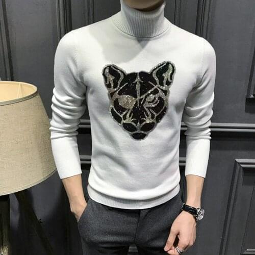 XL Black And White M-5XL Designer Brand Fashion Long Sleeve Pullover Men Turtleneck Sweater Rhinestone Sweatshirt