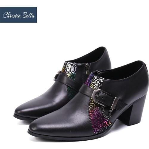 Christia Bella Fashion High Heel Men Real Leather Shoes Pointed Toe Party Formal Shoes Club Jazz Dancer Thick Heel Ankle Boots