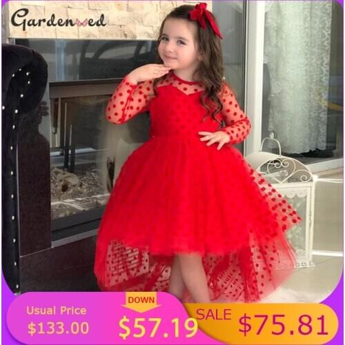 Tulle Polka Dot Kids Pageant Dress Girl Long Sleeves Little Bride Dresses Summer Sale Wedding Dress Girl Baby Flower Girl Dress