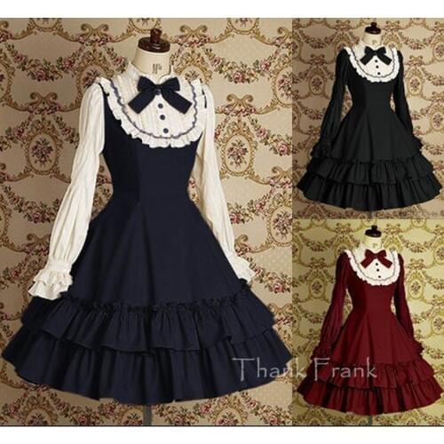 Cotton Sweet Lace Lolita Dress With Long Sleeve And Bow L1