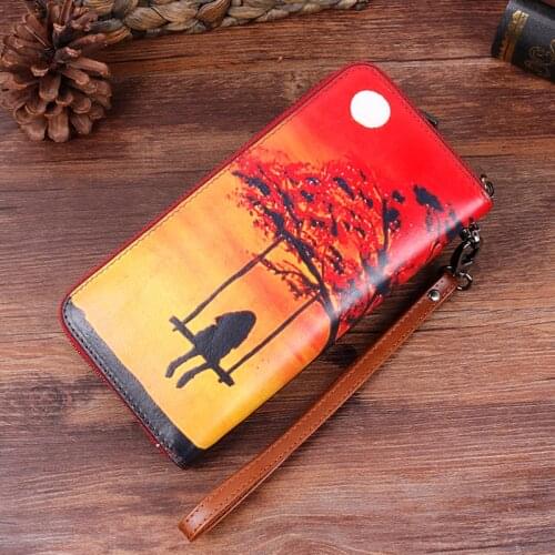 Genuine Leather Long Purse Wrist Money Bags Female ID Credit Cards Clip Fashion Gradient Printing Clutch Wallet Women Zipper Bag