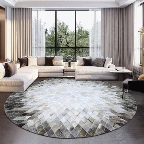 Cowhide Leather Round Carpets for Living Room Modern Natural Cow Coffee Table Mat Real Leather Bedroom Round Rug Study Chair Mat