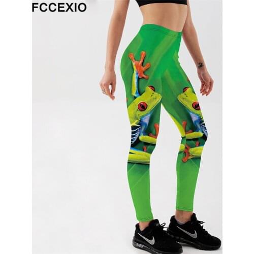 FCCEXIO New Soft Stretch Fitness Green Frog Print Leggings Women Workout Legging Fashion Jeggings Women High Waist Pants Mujer