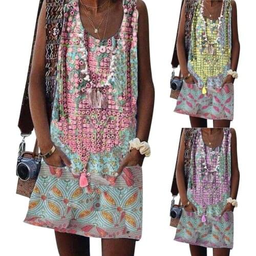 Hot Sales!!Women Summer Bohemian Casual Sleeveless Round Neck Floral Print Beach Mini Dress