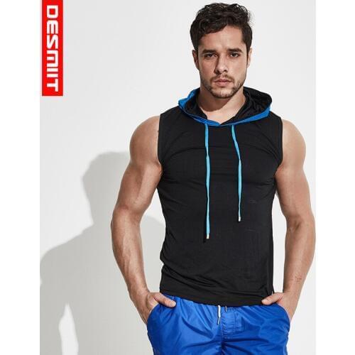 Desmiit Men Running Tank Top Hooded Summer GYM Sport Vest Man Workout Undershirts Cycling Singlet Sleeveless Tanktop Sweatshirt
