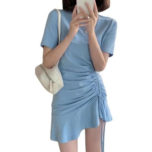 The Lemon 2021 Mini Kawaii Sexy Harajuku Summer New Product Design Style Shows Thin Drawstring Small Pleated Irregular Dress