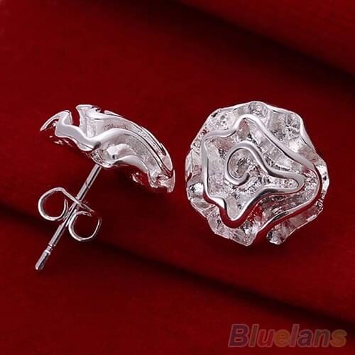 Fashion Womens Silver Plated Jewelry Rose Flower Studs Earrings 2PKO