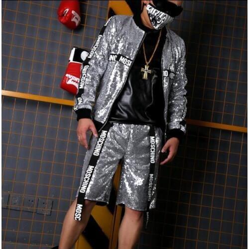 Mens cool silver sequins webbing collage shiny baseball uniform jacket DJDSMC costumes GOGO stage suit jacket clothing