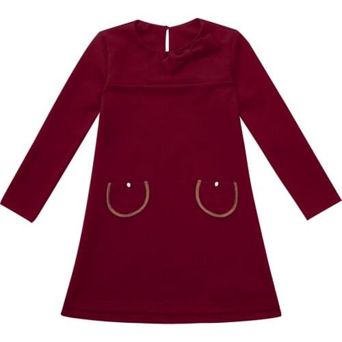 Oyolan New Kids Girls Dress Autumn and Spring Baby Kids Bowknot Pockets in Front Long-sleeve Dress Fashion Kids Girl Clothing