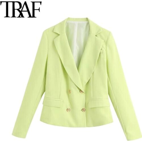 TRAF Women Fashion Double Breasted Cropped Blazers Coat Vintage Notched Collar Long Sleeve Female Outerwear Chic Tops