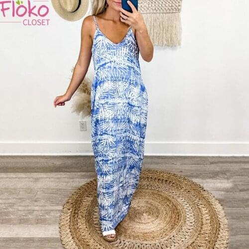 Flokocloset Tie Dye Print V-Neck Spaghetti Strap Loose Maxi Dress Summer Birthday Party Long Dress for Women