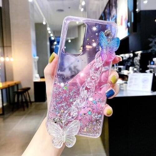 Crystal butterfly Wrist Strap Case For Samsung S20FE Note20Ultra S20Plus A21 A21S A51 A71 Note10 Glitter Transparent phone cases