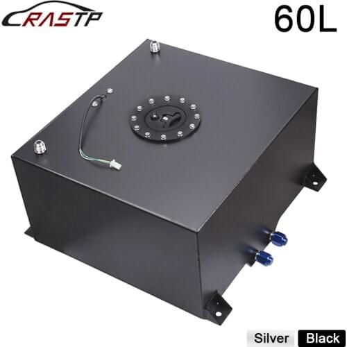 RASTP-High Quality Aluminum 60L Fuel Surge Tank Mirror Polish Fuel Cell with Cap/Foam Inside with Sensor Black Silver RS-OCC047