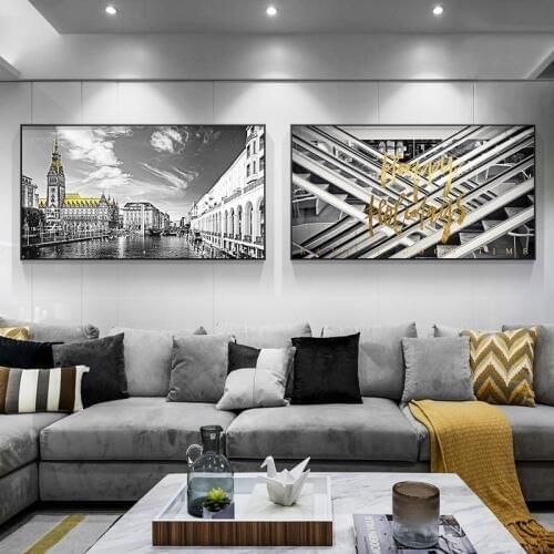 Modern black and white Painting Home Decoration city view yellow door Canvas Painting Art Wall Pictures For Living Room Posters