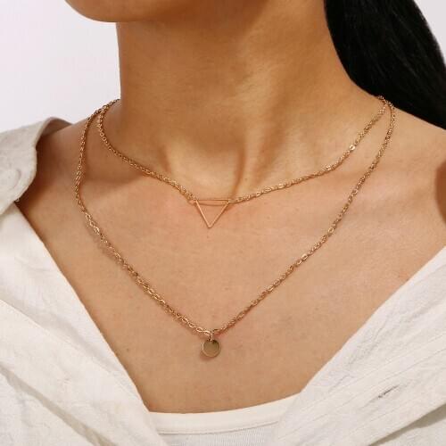 Vintage Geometric Multilevel Necklaces For Women Boho Fashion Golden Openwork Triangle Round Pendant Necklace Jewelry Party Gift