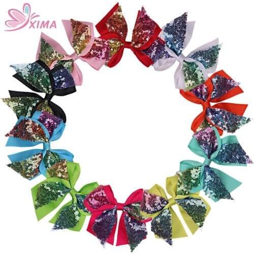XIMA 10pcs 4.5''Wholesale Sequin Ribbon Bows WITH CLIP Hair Bows Women Hair Clip Hair Accessories